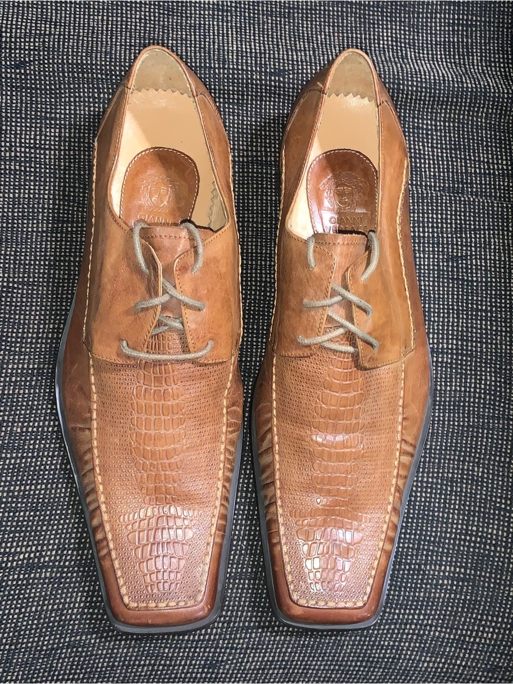 Versace Tan Croc-Embossed Leather Lace-Up Oxfords